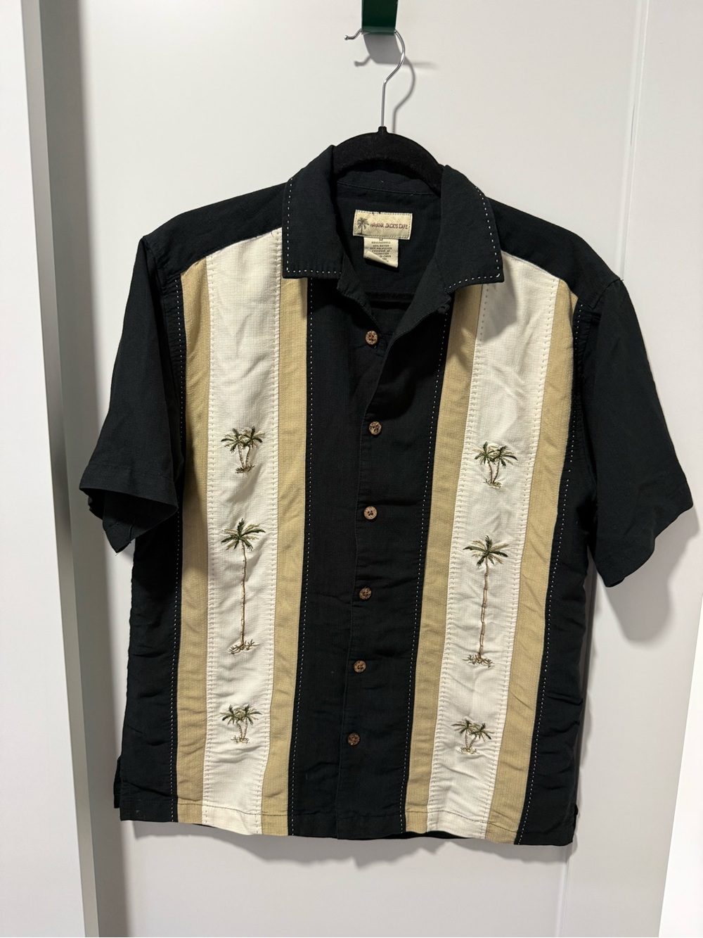 Men's Short Sleeve Black Shirt with palm tress & Tan Embroidered Stripes